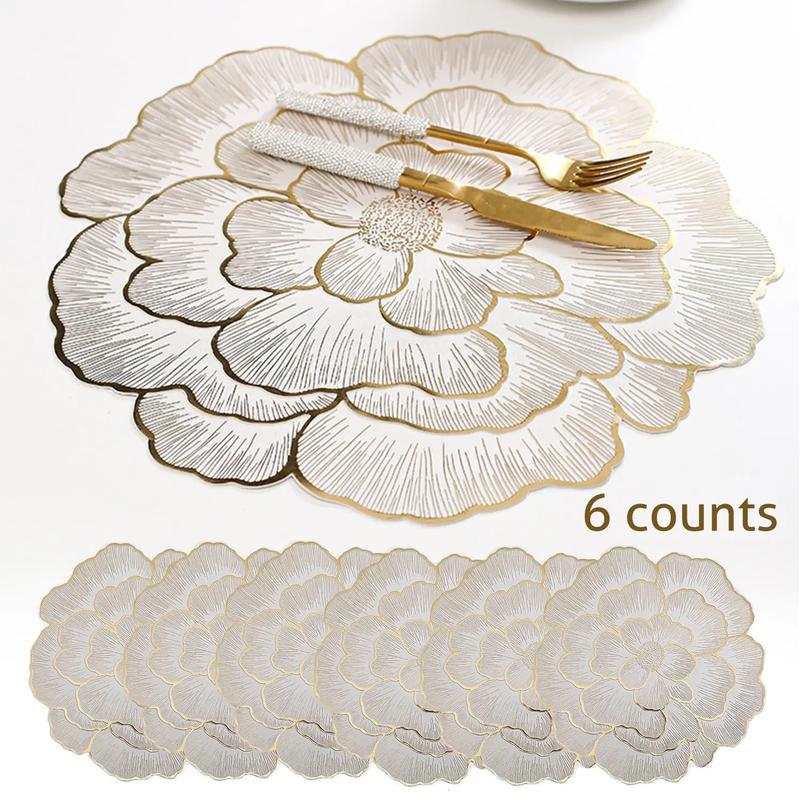 Floral Pattern Placemats, 6 Counts/set Heat-Resistant Non-Slip Dinner Table Mats, Kitchen Decorative Placemat, Kitchen Gadgets, Waterproof Placemat for Home Kitchen, Dining Room or Wedding Party, Valentine's Day Gift