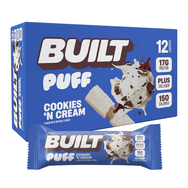 Official BUILT Bar, Puff Protein Bar Snack, Cookies 'N Cream Puff, 17g Protein, 150 Calories, Collagen, Not Gluten Free, 12 Count Box