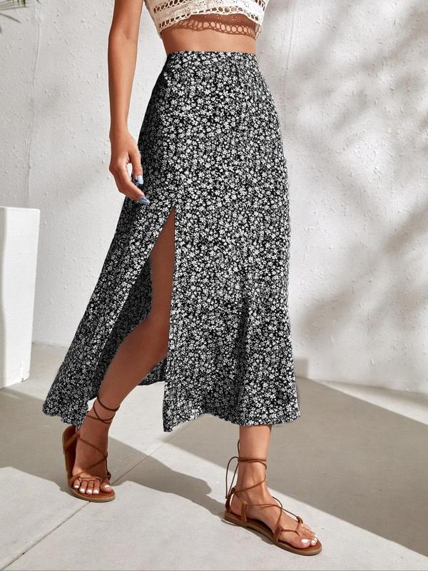 Women's Ditsy Floral Print Split Thigh A Line Skirt, Boho Casual High Waist Midi Skirt for Beach Holiday Vacation, Summer Outfits 2024, Ladies Summer Clothes