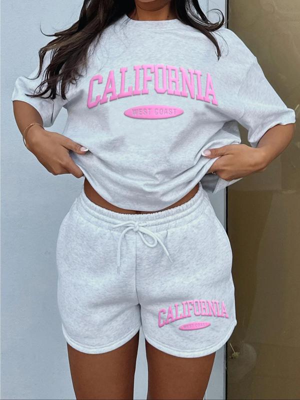 Women's Letter Print Tee & Drawstring Waist Shorts Set, Cozy T-shirt & Shorts for Daily Outdoor Wear, Ladies Summer Clothes