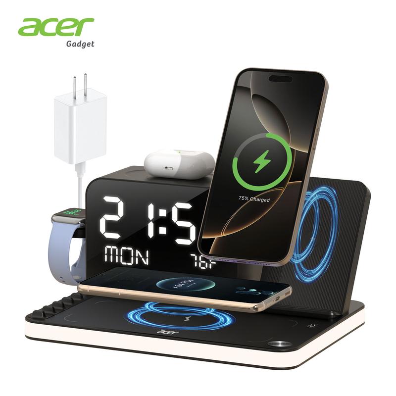 Acer 7 in 1 Wireless Charging Station with Fast Wireless Charger, LED Night Light, Bluetooth Time Sync Clock & Temperature Display, USB-A & USB-C, Magnetic MagSafe – for iPhone, Android Phone, Apple Watch & AirPods, Gift