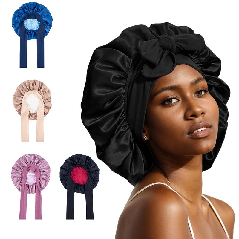 Satin Silk Bonnet Hair Bonnet for Sleeping  Double Layer  Hair Bonnet with Elastic Tie Band for Women Natural Curly Hair(Pink,black,blue，Brown)