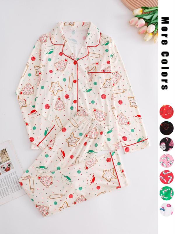 Two-piece Set Women's Christmas Print Button Front Pocket Shirt & Elastic Waist Pants Pyjama, Casual Comfy Long Sleeve Collared Top & Trousers Pyjama Set, Women's Sleepwear Loungewear for Spring & Fall, Pajama Set