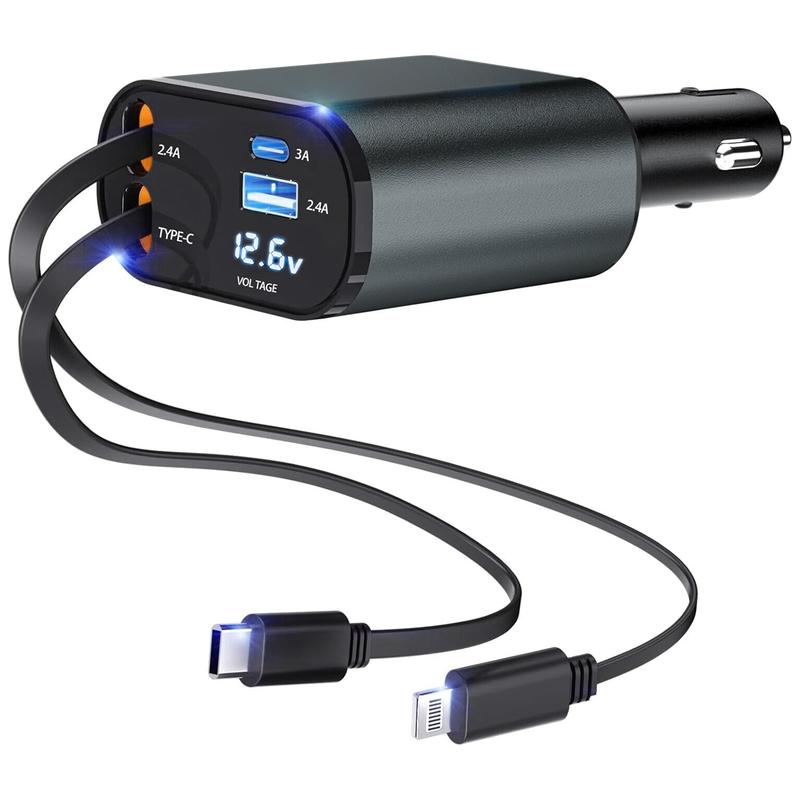 4-in-1 Retractable Car Charger, 100W USB-C Fast Adapter with Lightning Cable & Dual Ports for iPhone, iPad, AirPods, Samsung, Google Pixel
