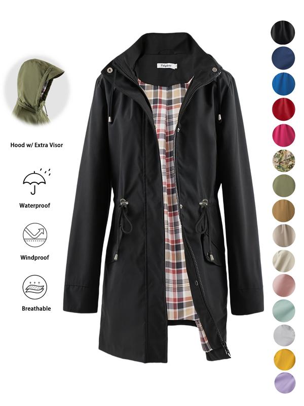 Women's Solid Color Drawstring Zip Up Hooded Trench Coat Raincoat, Casual Long Sleeve Waterproof Windproof Breathable Outerwear for Spring & Fall, Ladies Clothes for Daily Wear