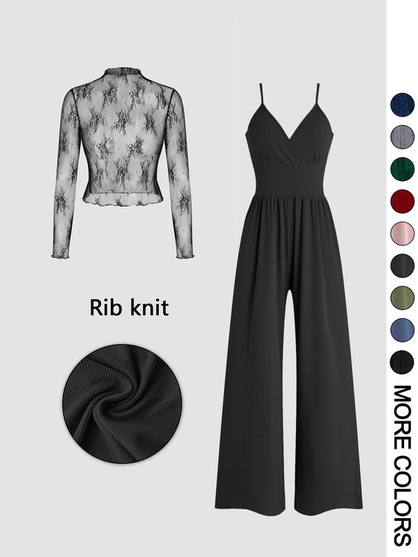Valentine's Day Women's Solid Color Knitted Lace Tee & High Waist Pocket Jumpsuit Two-piece Set, Casual Fitted Zipper Back Cami Jumpsuit & Long Sleeve Top for Daily Outdoor Wear, Women's Clothing, Womenswear for Spring & Fall Outfit