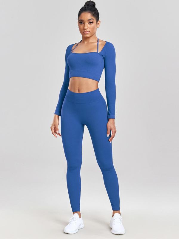 Women's Solid Long Sleeve Crop Top & Leggings Tracksuit Set, Square Neck Tee & Yoga Pants, Women's Sportswear for Gym Running, Minimalistic Outfit, Fall Outfits, Tracksuit for Women Fall Outfits, Workout