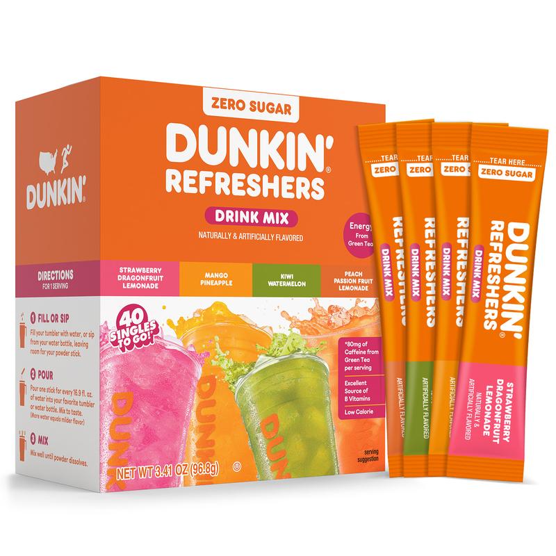 Dunkin' Refreshers 40ct Zero Sugar Singles To Go! Drink Mix Packets - No artificial dyes, Aspartame-Free, Energy From Green Tea