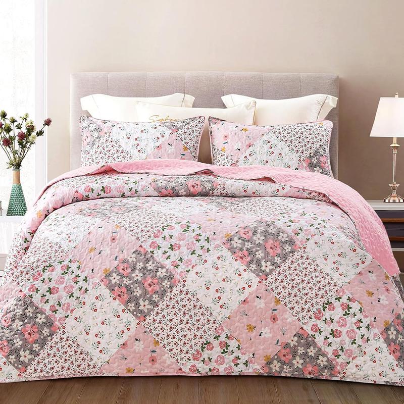 【Summervibes】Whale Flotilla Reversible Patchwork Quilts, Lightweight Boho Printed Bedspreads Coverlets Quilt Bedding Set with 2 Pillow Shams for King/Queen size, 1 Pillow Sham for Twin size, Soft for All Seasons