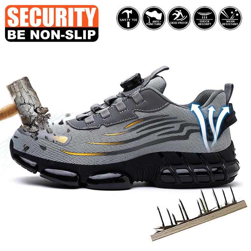 QINGRUIPAI Men's Breathable Mesh Work Sneakers Durable Anti-Slip Safety Shoes with Steel Toe Protection Comfort Fit for All Seasons Casual Striped Design Elastic Closure Non-Slip EVA Sole Outdoorfun Fathersdaygift
