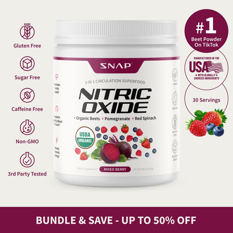 Snap Supplements - USDA Organic Beet Root Powder - 3-in-1 Nitric Oxide Supplement - Support Healthy Blood Pressure & Blood Circulation - Mixed Berry