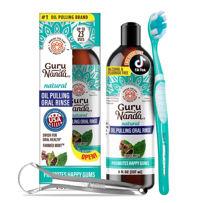 GuruNanda CocoMint Oil Pulling Mouthwash with 7 Essential Oils & 3 Vitamins, Promotes Fresh Breath & Happy Gums, Alcohol-Free, 8 fl oz