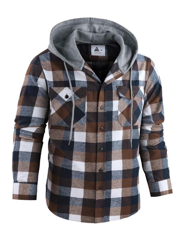 Men's Plaid Button-Front Drawstring Hooded Shirt, Regular Fit Casual Long-Sleeve Outerwear with Pockets for Spring and Fall, Men's Clothes for Daily Wear