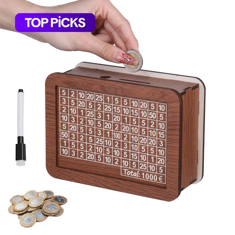 Wooden Creative DIY Money Saving Piggy Bank, Reusable Money Saving Box with Marker Pen, Home Ornament, Home Decor Accessory, Ideal for Home, Office, Dormitory & School #GLOBAL PICKS