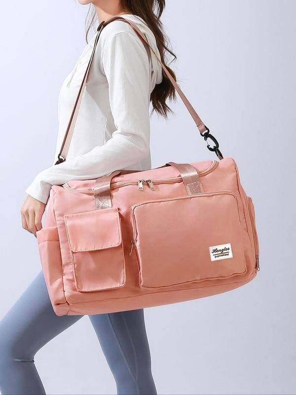 Women's Fashion Large Capacity Travel Bag, Solid Color Letter Patch Zipper Pocket Travel Bag, Casual Lightweight Travel Bag for Gym & Short Business Trips, Durable Travel Duffels, Gym Bag, Travel Duffle Bag