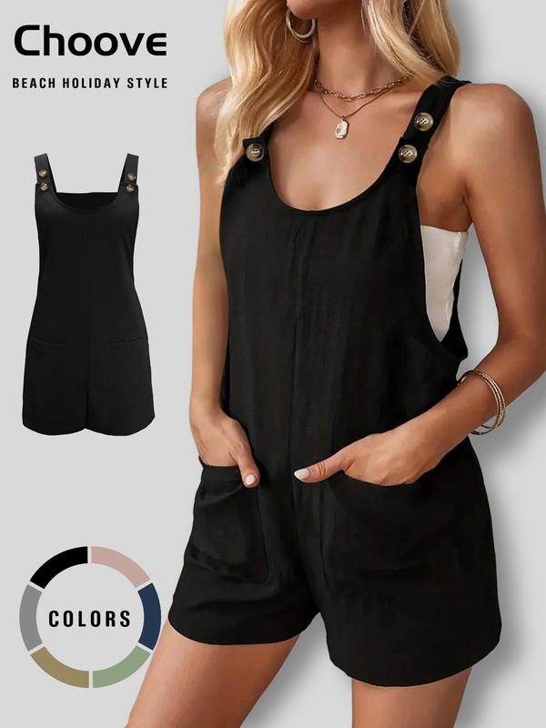 Women's Casual Basic Plain Sleeveless Overalls with Adjustable Buttons and Two Patch Pockets, Short Fitted Design, Perfect for Daily Wear and Beach Holidays