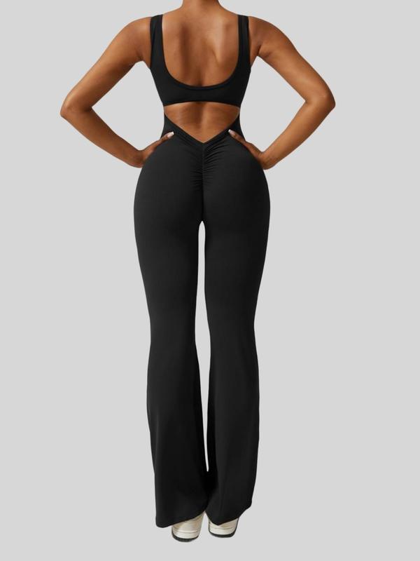 Women's Cut Out Ruched Backless Flare Leg Tank Sports Jumpsuit, Comfy Breathable Seamless Jumpsuit for Workout, Ladies' Sports Clothes, Compression Garment, Yoga Jumpsuit, Workout Jumpsuits, Workout Gym Clothing, Workout Apparel