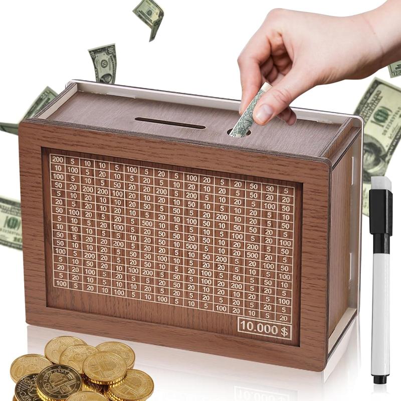 Wooden Money storage jar Money Bank, Countdown Money Saving Box with 10000 Dollars Target, Money storage jar with Money Target and Numbers to Check for Boys Girls (10000 USD) #summervibes