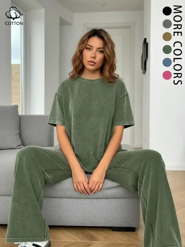 Women's Casual Loose-Fit Two-Piece Set, Acid-Washed Vintage Knitted Streetwear, Round Neck Short Sleeve T-Shirt + Wide Leg Pants, All Seasons Comfortable
