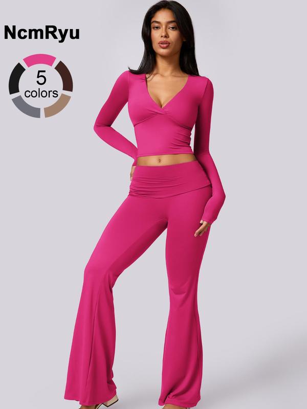 Women's Patchwork High Elastic Deep V-Shaped Collar Detachable Chest Pad Long Sleeve Oblique Waist Slim Fit Flared Pants Yoga Clothes, Fitness Suit, Athleisure Wear Set, Activewear Workout Set