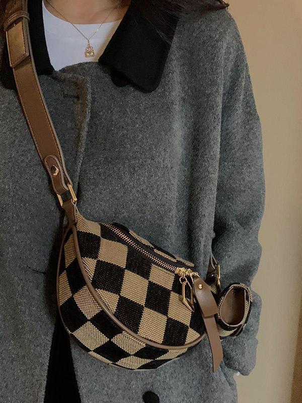 Women's Checked Pattern Fanny Pack, with Headphone Bag, Fashionable PU Leather Zipper Bum Bag for Daily Used, Casual Trendy Versatile High-quality Daily Commuting Bag