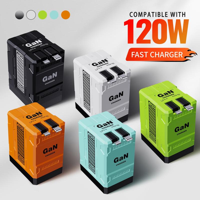 [US warehouse]2PCS W&O 4-in-1 GaN Compatible 120W Fast Charger with Retractable Type-C & Lightning Cable - for iPhone, iPad, Apple Watch & More - compatible portable charger smart watch iphone 15 pro max chargers charger phone Charger Plug Smartphone