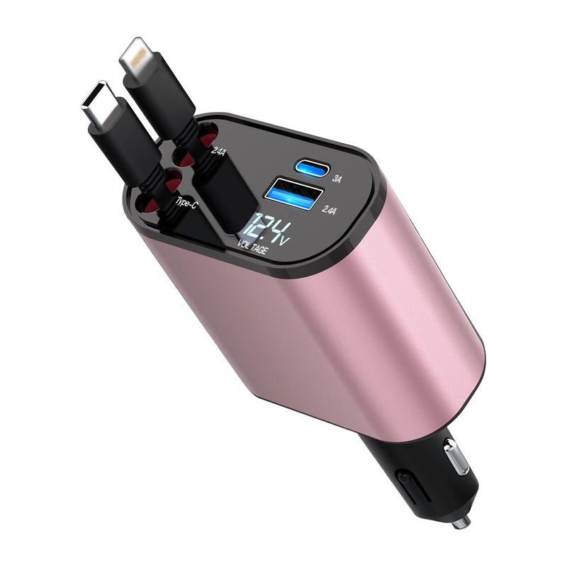 4 in 1 Retractable Car Charger,USB C Fast Charging Cable[Max100W] with Lighting Cable&Dual Port Compatible with iPhone,Samsung,Google Pixel, Tablets