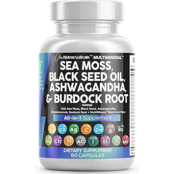 Clean Nutraceuticals Sea Moss Black Seed Oil Ashwagandha Supplement Turmeric, Bladderwrack, Burdock, Vitamin C, Vitamin D3 with Elderberry Manuka Supplement Capsules â MultiMineral