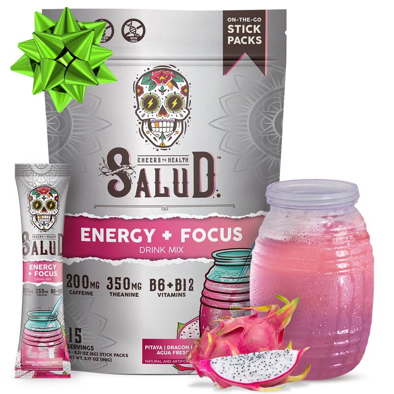Salud 2-in-1 [Energy + Focus – Pitaya | Dragon Fruit] Clean Energy Drink Mix, Agua Fresca, Organic Caffeine (200mg), L-Theanine (350mg), L-Tyrosine, Vegan, Non-GMO, Gluten Free, Low Calorie, 1g Sugar (15 Servings)