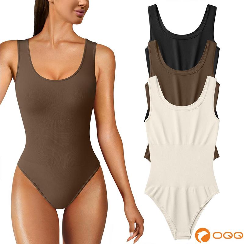 OQQ Women's 3 Piece Seamless Ribbed Bodysuit Set - Sleeveless, Round Neck, Tank Top - Shapewear, Compression, Breathable, Womenswear