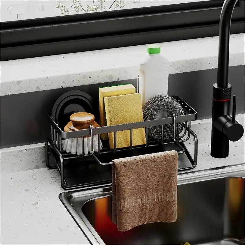 1pc Kitchen Storage Rack, Sponge Cloth Dish Soap Organizer, Countertop Towel Holder, Sink Drainer, Dish Racks, Carbon Steel Material