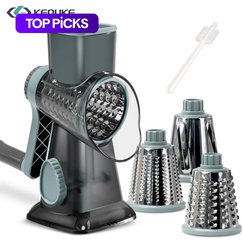 Keouke Rotary Cheese Grater, 1-Count Manual Vegetable Chopper with 3 Replaceable Stainless Steel Cutting Blades, Vegetable Shredder and Slicer, Multifunctional Kitchen Utensil, Vegetable Slicer Dicer, Summer Gift #GLOBAL PICKS