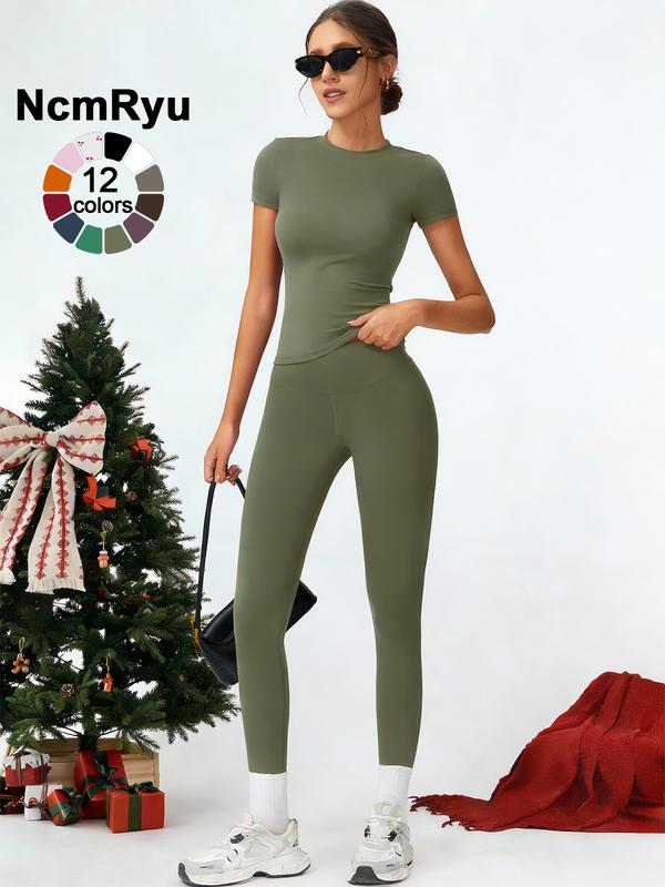 2PCS Women Quick Dry  Yoga Set Workout Sportswear Gym Clothing Fitness Short Sleeve Top High Waist Leggings Sports Suits