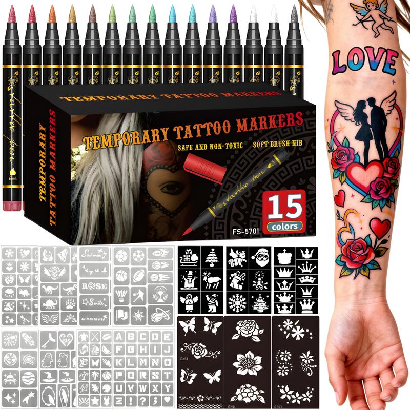 Temporary Tattoo Markers for Skin, Skin Safe, 10/15-Count Body Markers 10/15-Color Tattoo Pens, Flexible Brush Tip, Soft Brush Tip, Bright Colors, Cosmetic Quality Face Paint Kit, Perfect Christmas Gifts