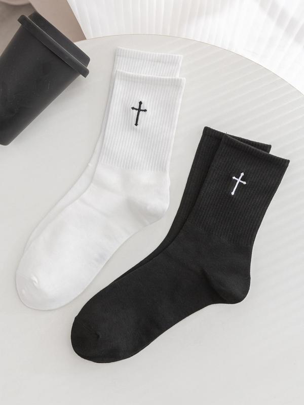 Men's 2 Pairs Cross Print Crew Socks, Multi-pack Casual Soft Comfortable Breathable Polyester Mid-calf Socks For Daily Wear, Men's Hosiery