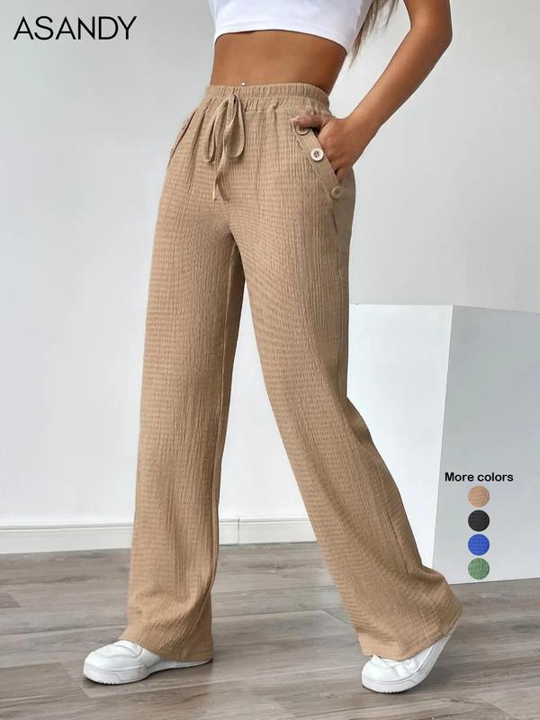 Women's Autumn Casual Drawstring Tie Texture Pocket Knit Pants, Boho Casual Pants, Comfortable Medium Fit Long Trousers for Daily Wear, Stylish Ladies' Fashion Apparel, Womenswear, Casual Basic Trousers, Casual Fashion Bottoms