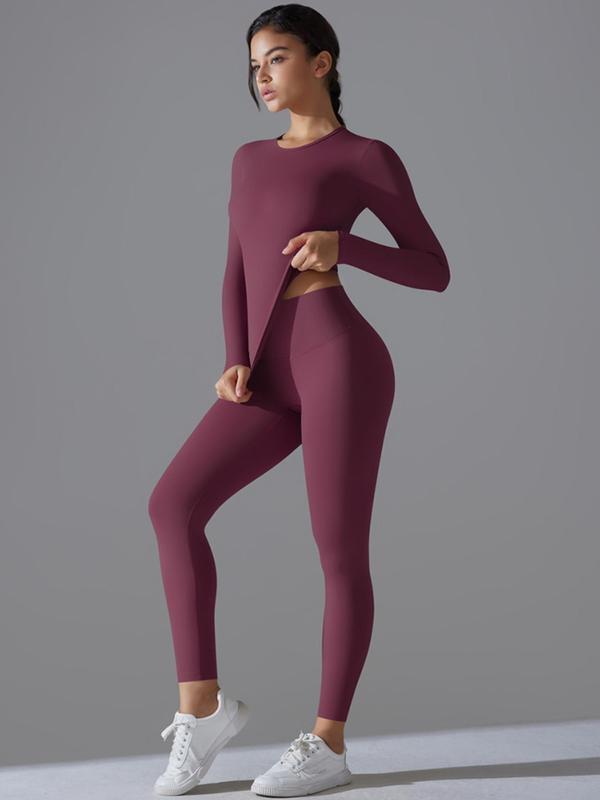 Women's Solid Long Sleeve Top & Leggings Yoga Set, Tight Fit Sporty Breathable Quick-Drying Outfit for Yoga Gym Workout Running, Ladies Sportswear for Training Fitness Activewear Athletic Workout Clothing for Spring & Fall