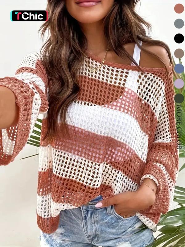Women's Striped Print Hollow-Out Sheer Drop Shoulder Sweater, Striped Accent Pullover, Casual Fit Long Sleeve Boat Neck Jumper for Spring, Fashion Women's Knitwear for Daily Wear, Womenswear