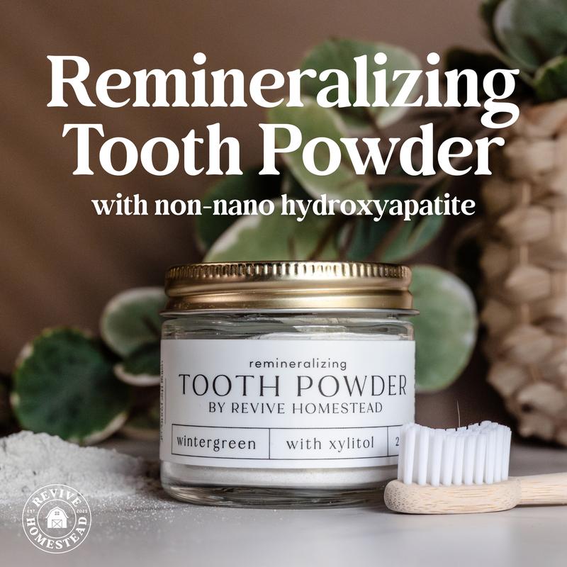 Remineralizing Tooth Powder (Revised Formula) by Revive Homestead - Non-Nano Hydroxyapatite - Fluoride-Free, Teeth Whitening, Gentle, Sensitive, Vegan Option, Remineralizing, Natural Toothpaste Alternative for Adults & Kids Peppermint Spearmint