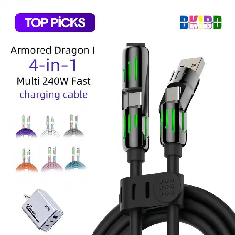 240W Fast Charging 2-in-2 Data Cable with 7-Color Breathing Light – Multi-Functional for Mobile Phones & Car Use, Type-C Charger Cable