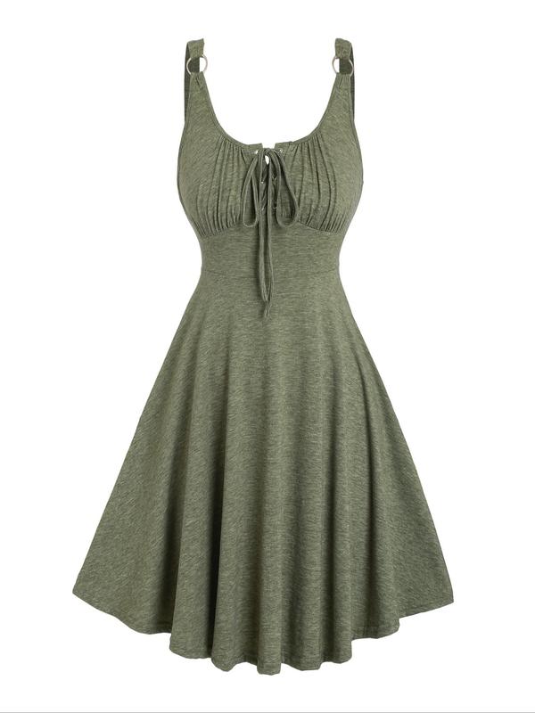 Women's Plain Lace Up Tie Front Fitted Tank Dress, Casual Sleeveless O-ring A Line Dress for Summer, Ladies Clothes for Daily Wear Womenswear