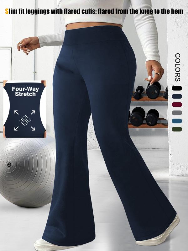 Plus Size Solid High-Waisted Flare-Leg Soft Leggings, Casual Comfy High Stretch Trousers for Daily Wear, Women's Bottoms for Summer, Athleisure Style Bottoms, High Waists Leggings