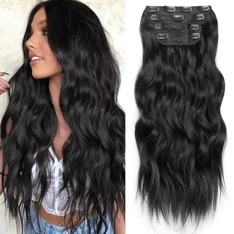 Summervibes [KooKaStyle] Clip-In Synthetic Hair Extensions Long Wavy 4PCS Thick Hairpieces, 220g Double Weft Extensions for Women, 24 Inch Black Natural Blend