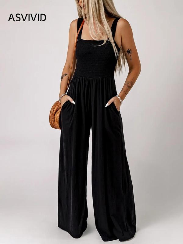 Women's Plain Backless Shirred Wide Leg Cami Jumpsuit, Casual Pocket Square Neck Overall Jumpsuit, Ladies Clothes for Daily Wear
