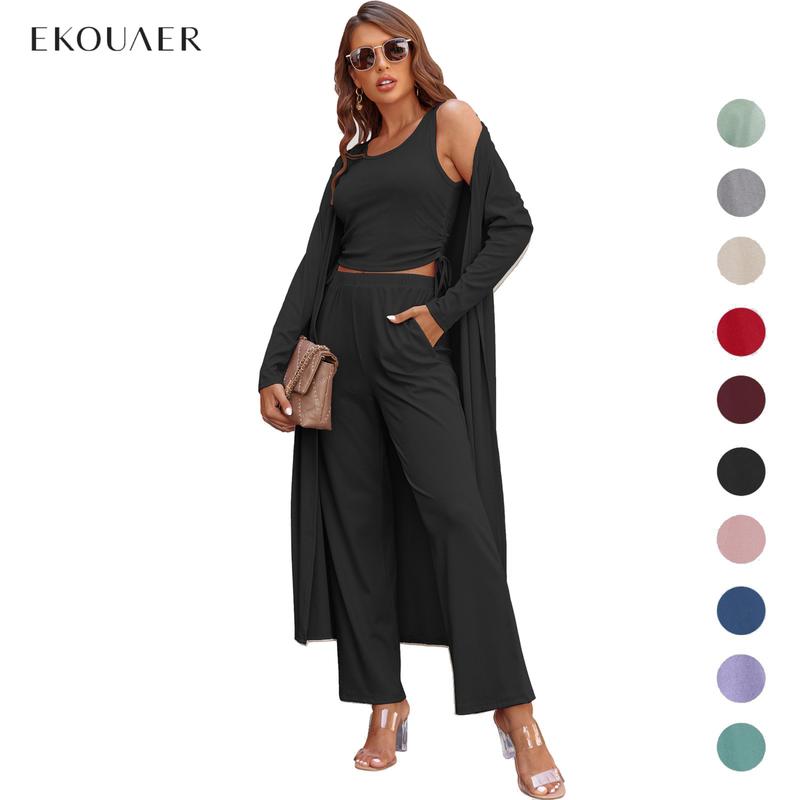 Women's 3-Piece Light Cozy Knit Loungewear Tracksuit - Adjustable Wrap Long Sleeve Sweater Jacket, Strappy Spandex Crop Sleeveless Tank Top, Ruffled Pants, Sizes S-XXL Nightwear