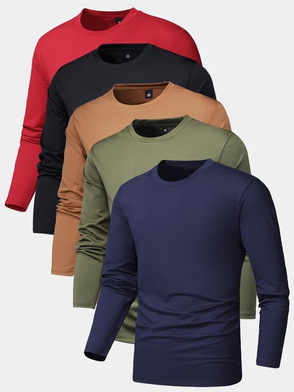 Men's Plain Long Sleeve Tee, Regular Fit Casual Round Neck Fitted Stretch T-shirt for Spring & Fall, Men's Top for Daily Wear, Menswear