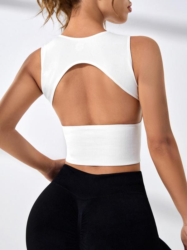 Women's Cut-Out Round Neck Crop Sports Vest, Sporty Plain Cropped Tank Top for Gym, Tennis and Pickleball, Women's Sport & Outdoor Clothing, Gym Yoga Tops, Sleeveless Sports Top