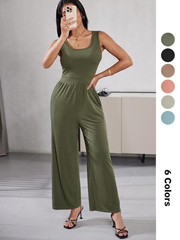 YOZY Solid High Waist Wide Leg Tank Jumpsuit/ Casual Comfort Sleeveless Jumpsuit, Women's Daily Wear for Summer & Fall