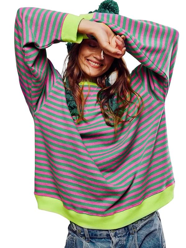 Women's Colorblock Striped Print Contrast Binding Drop Shoulder Knit Sweatshirt, Casual Long Sleeve Round Neck Pullover for Fall & Winter, Ladies Clothes for Daily Wear