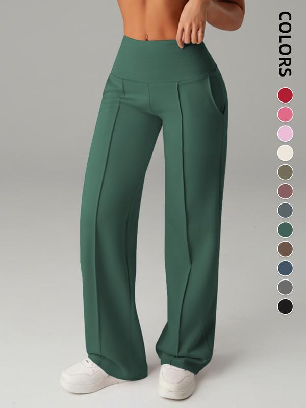 Women's Mid-Waist Elastic Wide Leg Pants, Casual Sporty Style, Comfortable Side Pockets, Multi-Functional Spring & Fall Wear, Everyday, Womenswear